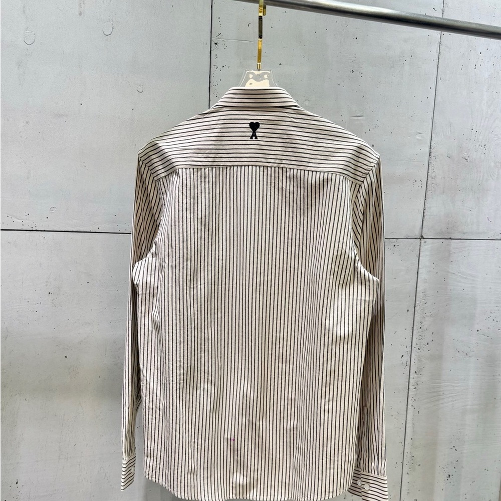 NWT AMI Paris Brown & White Striped Cotton Button-Down Shirt with Logo - Picture 8 of 8